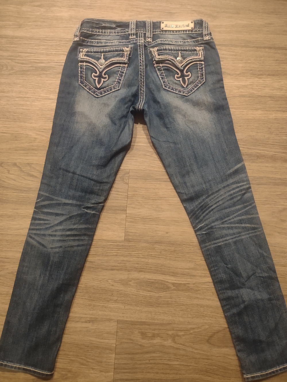Rock Revival Straight Leg Blue Jeans with Embroidered Back Pockets